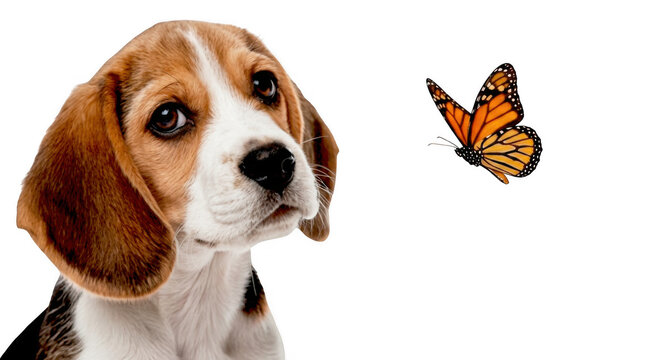 Cute beagle puppy dog looking at a small orange butterfly flying in the air isolated on transparent background