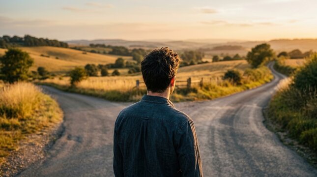 A young adult stands at a rural crossroads contemplating two diverging paths during sunset.
