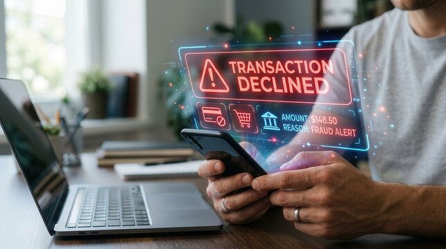 Online payment transaction declined alert on a smartphone for digital banking fraud detection.
