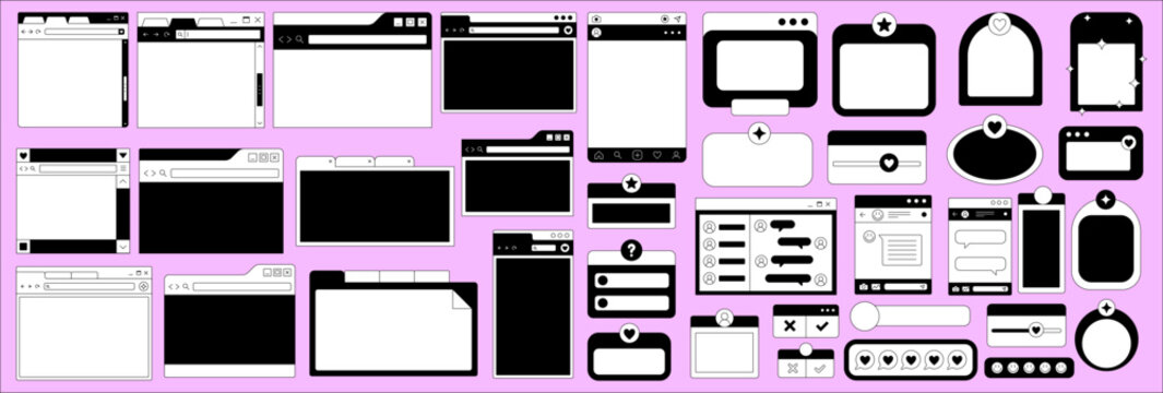 Set Of Computer UI Browser Graphic Elements. Vaporwave Interface Social Media Graphics Collection.