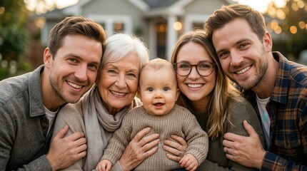 Obraz premium A happy three generation European family smiling together in soft daylight.