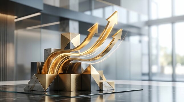 Golden upward arrows emerging from geometric shapes symbolizing growth and success