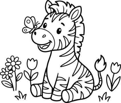 Cute Cartoon Baby Zebra Sitting on Meadow Grass with Butterfly on Nose and Blooming Flowers Coloring Page Line Art Vector Illustration for Children Activity Book