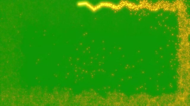 Magical gold particles border design on sparkling starry frame loop overlay, luxury festive celebration theme for award intros, elegant glowing backdrop visual on green background. 4k video