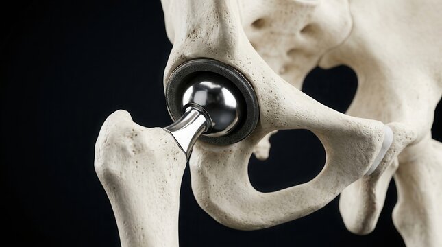 Anatomical illustration of a human hip joint with a surgical prosthetic ball and socket.