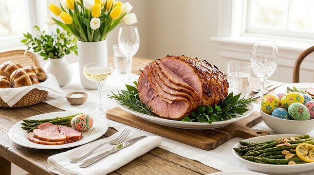 Delightful Easter dinner table featuring a centerpiece ham and spring flowers.