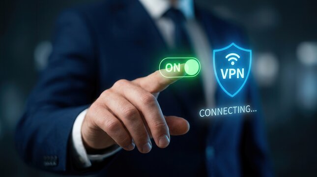 Hand pressing a digital ON switch to enable VPN service for secure online network protection.