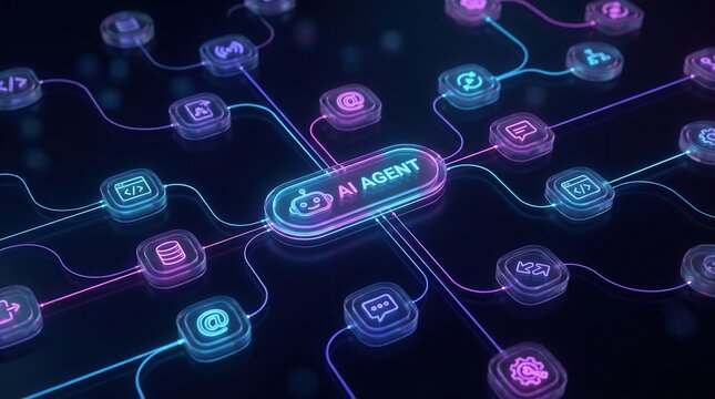 3D rendering of an AI agentic workflow automation software interface with connected nodes and data triggers.