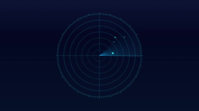 Digital radar screen with scanning light beam and glowing dots on dark blue background