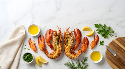 Gourmet steamed lobster halves on white marble, fresh seafood dinner with melted butter and lemon, elegant culinary flat lay with herbs © 1622Sangram