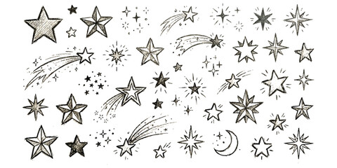 Set of hand drawn sketch stars and shooting stars for design elements ©  Designer