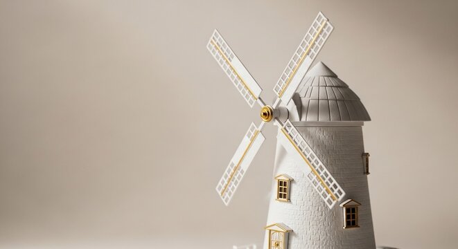 Miniature white windmill on a beige background architectural model detail