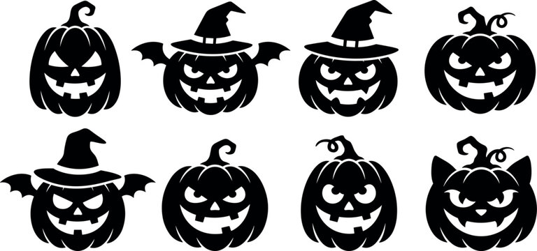 Halloween Spooky Jack O Lantern Pumpkin Silhouette Icon Pack with Evil Smiles, Witch Hats, Bat Wings, and Creepy Cat Ears for Holiday Graphic Designs