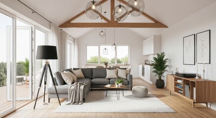 Fototapeta premium Modern Scandinavian Living Room Interior with Grey Sofa, Exposed Wooden Beams, and Open Plan Kitchen