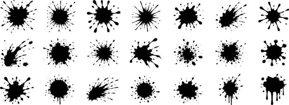 Set of black ink splashes, paint splatters and dripping blots isolated on transparent background for grunge posters, branding and creative graphic design