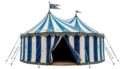 Large blue and white striped circus tent with flags on top for entertainment events and carnival shows isolated on transparent background © AF LAB