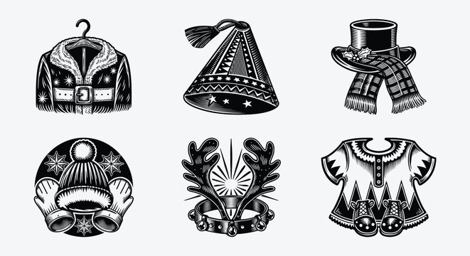 Hand drawn linocut vector illustration set of vintage Christmas costumes holiday clothes winter hats coat scarf elf outfit reindeer antlers retro line art design