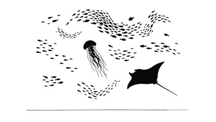 Black and white illustration of jellyfish surrounded by fish and manta ray © Md. Musaddik Rahman