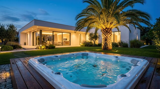 Modern house backyard with an outdoor jacuzzi and illuminated palm tree at evening.