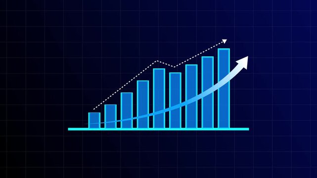 Stock chart growing over time on blue grid background footage
