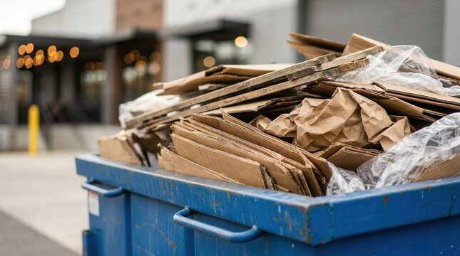 Large blue industrial dumpster container overflowing with flattened cardboard and paper waste.