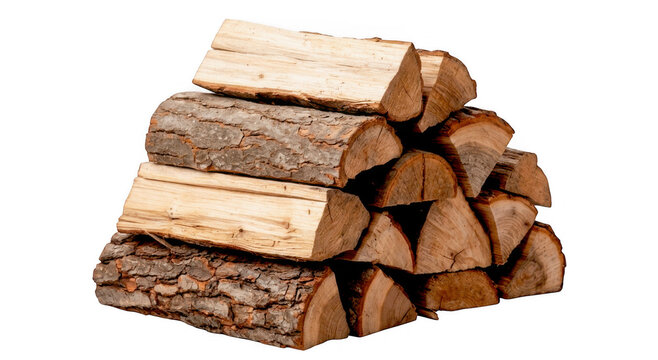 A neat stack of dry chopped firewood logs prepared for a cozy fireplace or a warm camp fire outdoor activity isolated on transparent background
