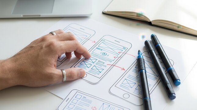 UX graphic designer creating a creative sketch for application process development and prototype wireframe.