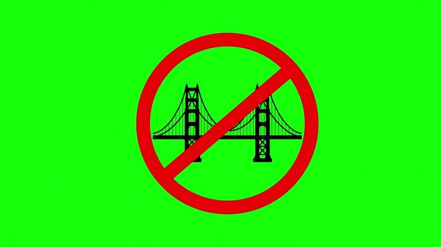 Golden Gate Bridge prohibition signs on green and black background with subtle camera zoom