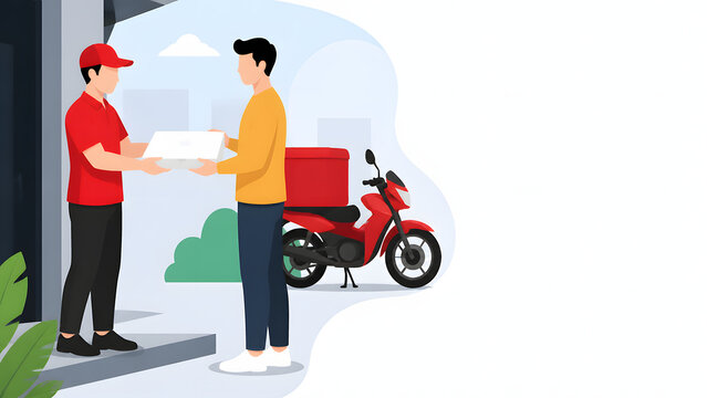 Food delivery courier riding a red motorcycle handing a package box to a customer at home vector illustration