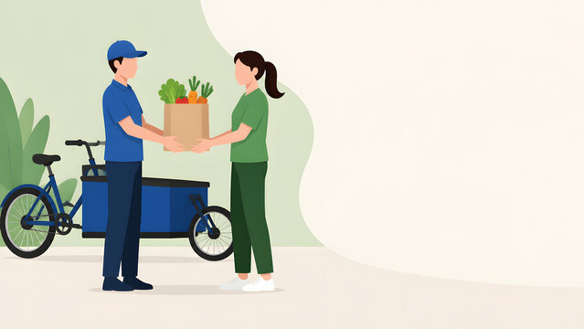 Courier delivering fresh groceries vegetables to a woman customer using a cargo bike vector illustration