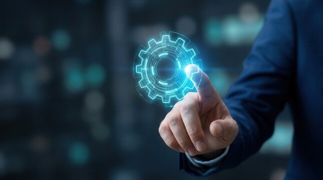 Person touching an update button on a virtual interface display for software updates.