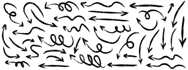 Fototapeta na wymiar Hand drawn brush arrow strokes illustration. Collection of hand drawn doddle arrow set. Set of brush stroke of curly arrow collection. Brush arrow. vector eps 10