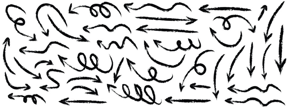 Hand drawn brush arrow strokes illustration. Collection of hand drawn doddle arrow set. Set of brush stroke of curly arrow collection. Brush arrow. vector eps 10