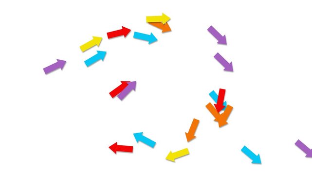 Colorful arrows moving randomly on white background, dynamic directional navigation motion graphics for business presentations, infographics, and web design.