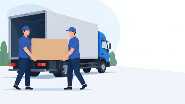 Two movers carrying a large cardboard box near a blue delivery box truck vector illustration