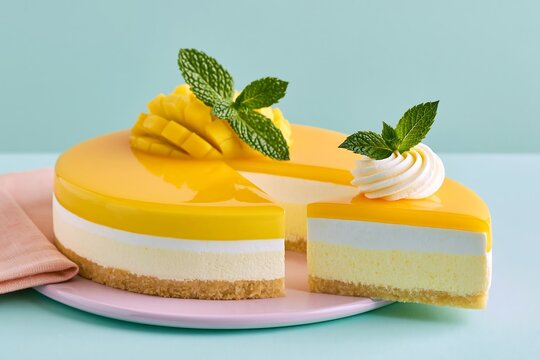 Mango mousse cake with mirror glaze finish, soft pastel background, elegant dessert photography
