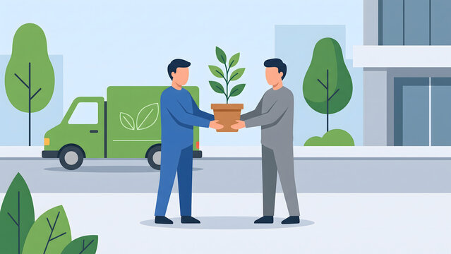 Two men holding a potted plant together on a city street near an eco friendly green van vector illustration