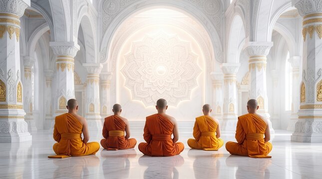 A group of Buddhist monks meditating in a grand white temple with a large mandala.