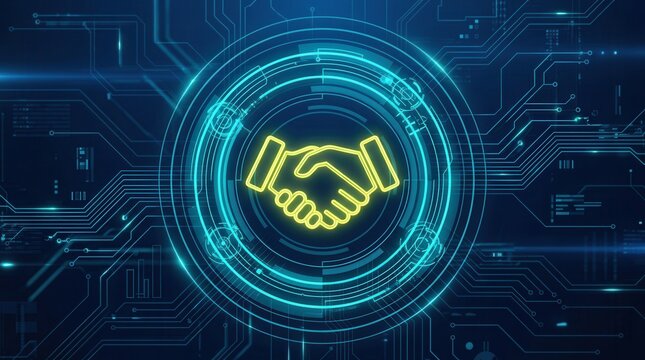 Digital handshake icon in a futuristic blue circuit design environment symbolizing business partnerships.