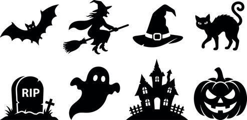 Fototapeta premium PrintHalloween Black Silhouette Icon Set with Spooky Pumpkin, Witch, Ghost, Haunted House, Bat, and Cat Symbols for Festive Holiday Graphic Designs
