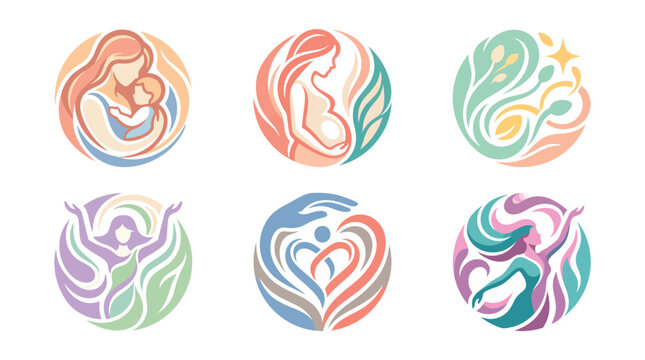 Soft pastel maternal health emblems depicting pregnancy fertility and female wellness silhouettes