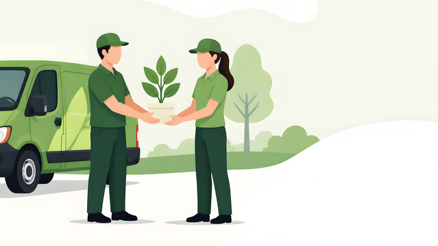 Two nursery workers in green uniforms holding a potted plant near an eco friendly delivery van vector illustration