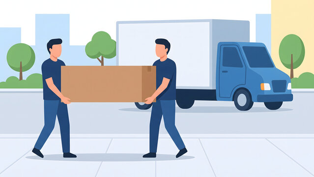 Two movers in uniform carrying a heavy cardboard box on a city street with a blue truck vector illustration