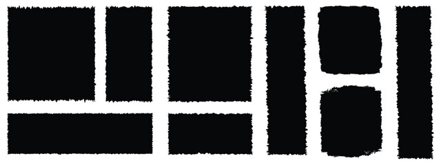Fototapeta na wymiar Rectangle Brush stroke, ink paint brush, grunge box. Black square shapes with brush borders on white background. Vintage grunge boxes for collage, text, banner, sticker, poster design.