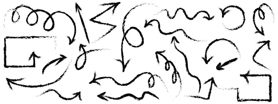 Hand drawn vector brush arrow strokes illustration. Collection of hand drawn doddle arrow set. Set of brush stroke of curly arrow collection.  vector eps 10