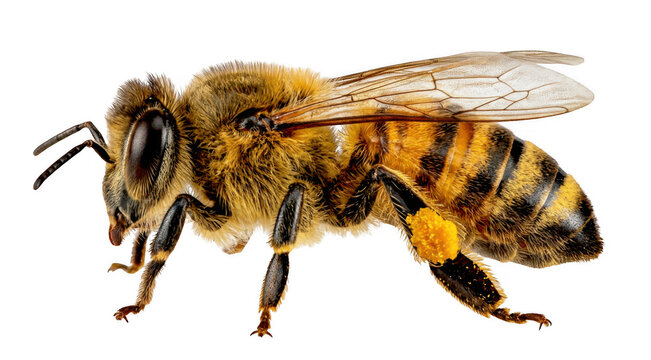 Close up of a fuzzy honey bee with yellow pollen on its leg standing and looking to the side isolated on transparent background