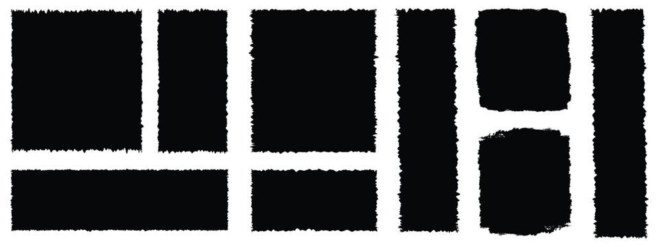 Rectangle Brush stroke, ink paint brush, grunge box. Black square shapes with brush borders on white background. Vintage grunge boxes for collage, text, banner, sticker, poster design.