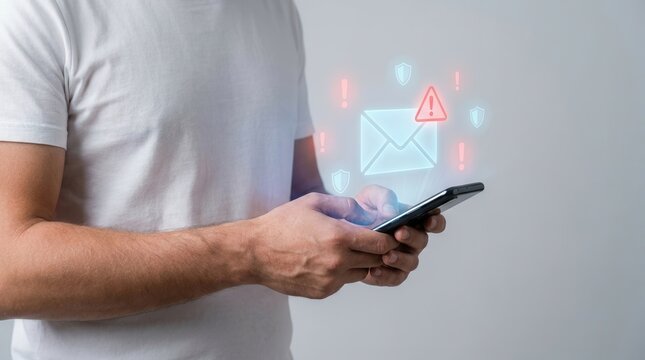 Businessman using a smartphone facing electronic email hacking and a spam warning symbol.