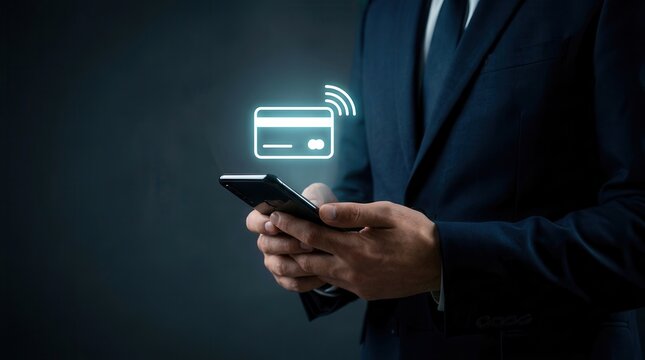 A businessman uses a smartphone for secure contactless payment with a digital credit card icon.