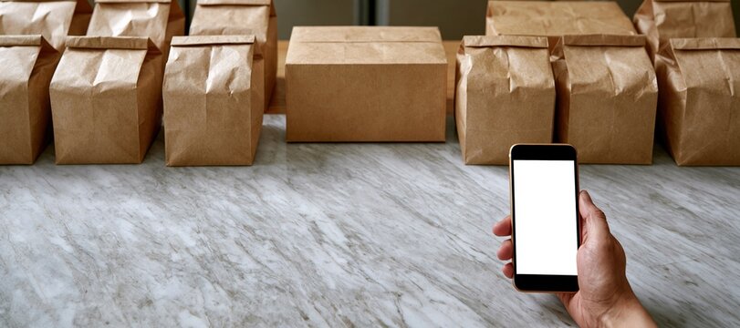 Service counter with aligned paper pickup bags and customer hand holding blank smartphone